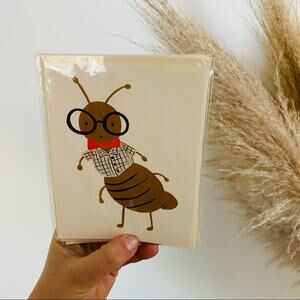 NEW ANTHROPOLOGIE Cricket Cartoon Illustrated Tan Cream Blank Greeting Card s/4